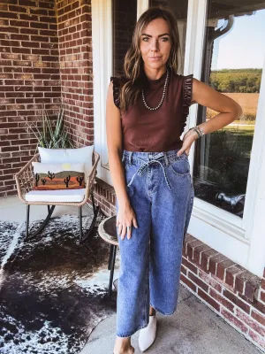 2 Button Waistband Denim Wash Pants with Self Tie