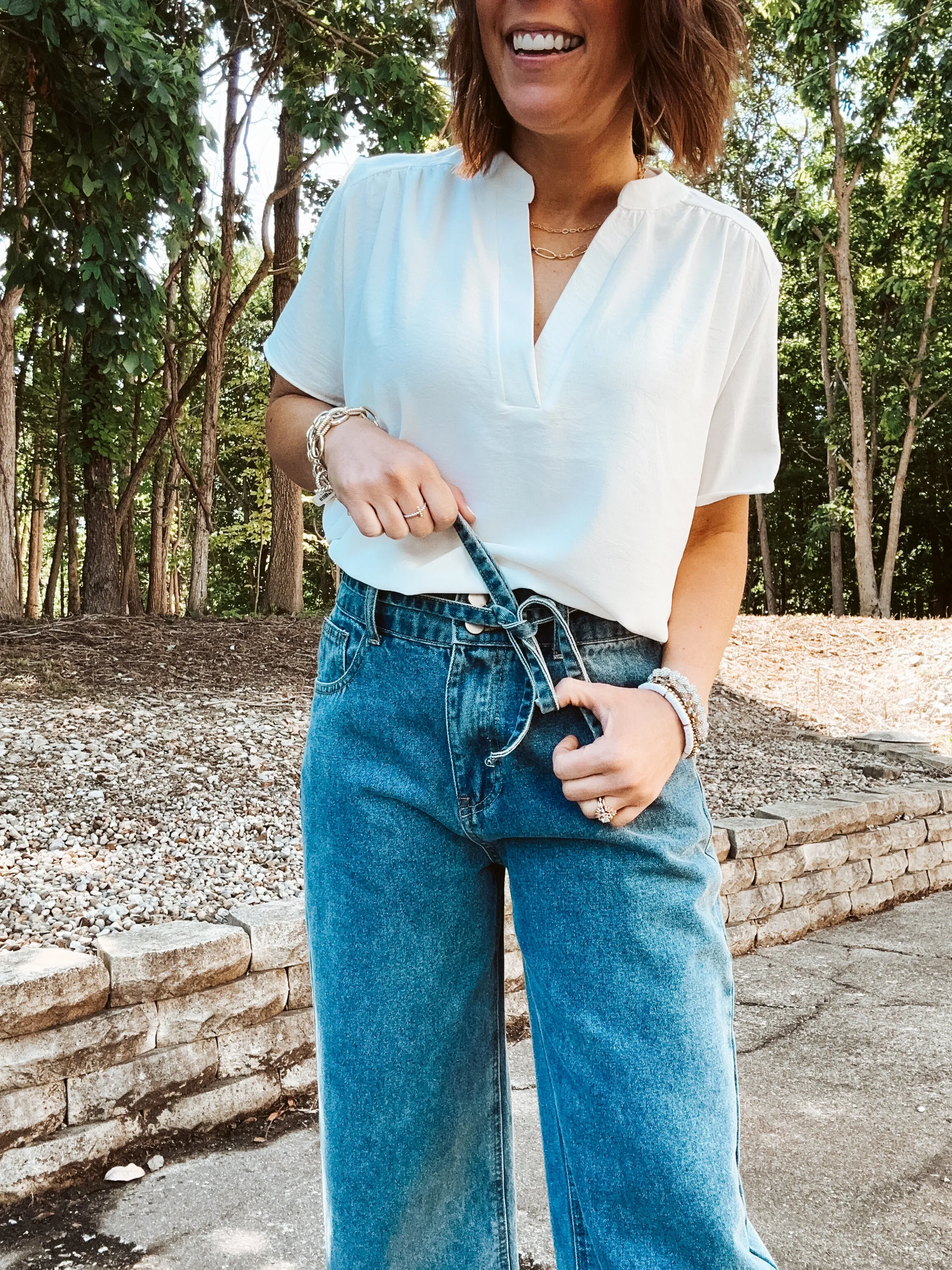 2 Button Waistband Denim Wash Pants with Self Tie
