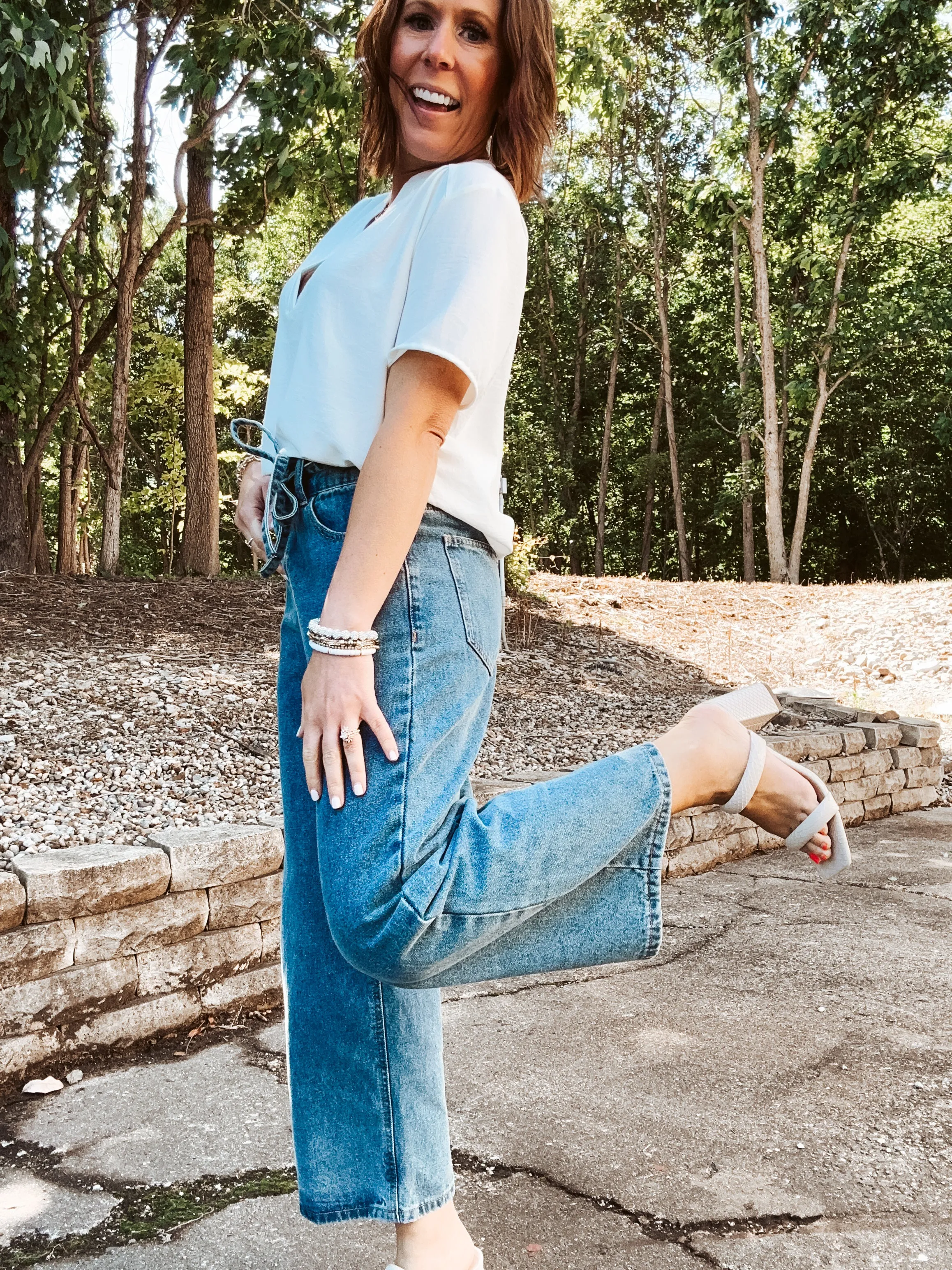 2 Button Waistband Denim Wash Pants with Self Tie