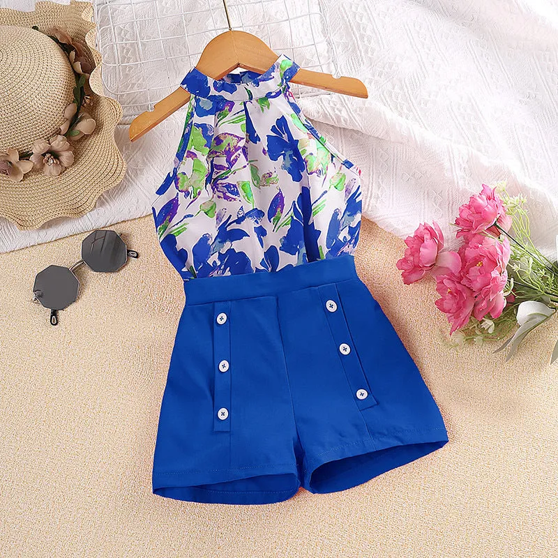2025 new printed halter neck tops and shorts children's summer dress