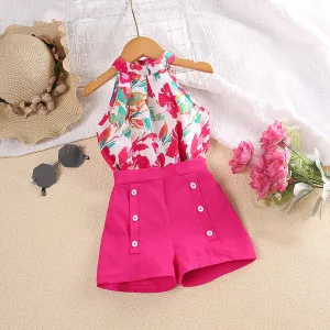 2025 new printed halter neck tops and shorts children's summer dress
