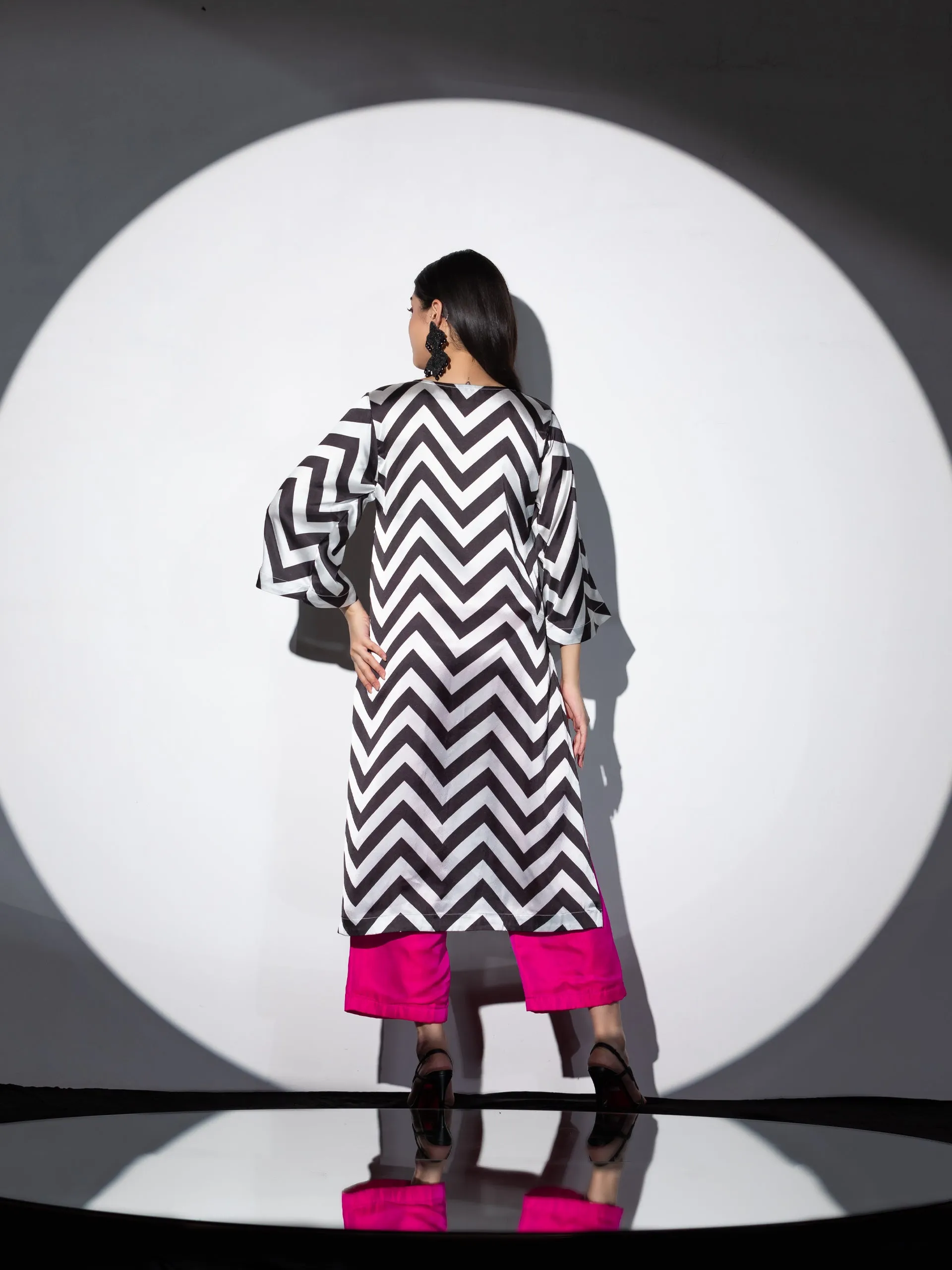 2Piece Set | Life's more than Black & White Chevron Satin Top with Beaded Lace and Pants