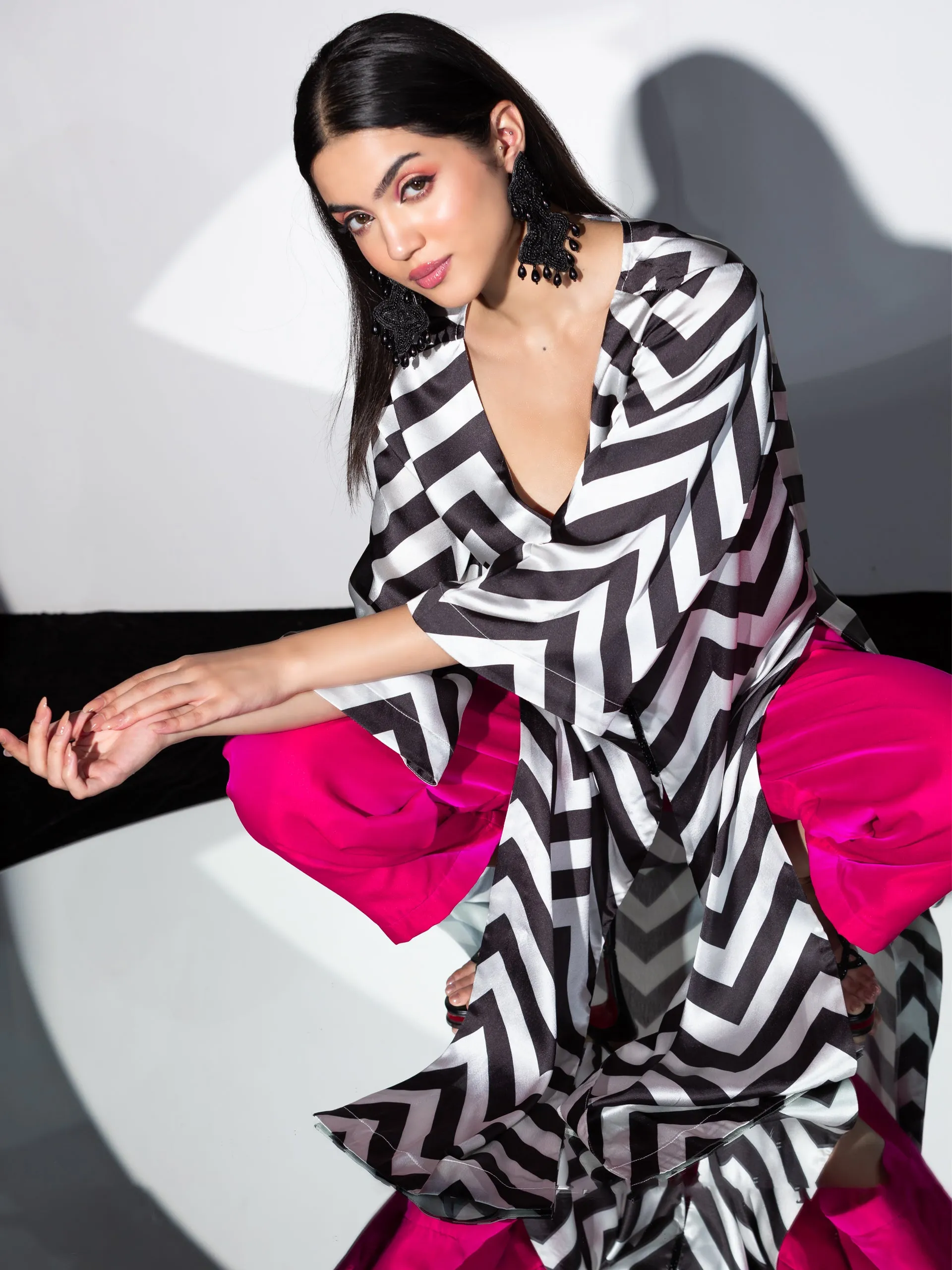 2Piece Set | Life's more than Black & White Chevron Satin Top with Beaded Lace and Pants