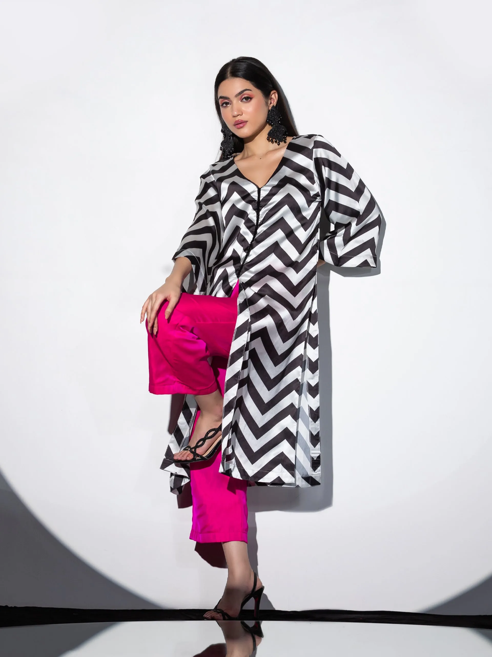 2Piece Set | Life's more than Black & White Chevron Satin Top with Beaded Lace and Pants