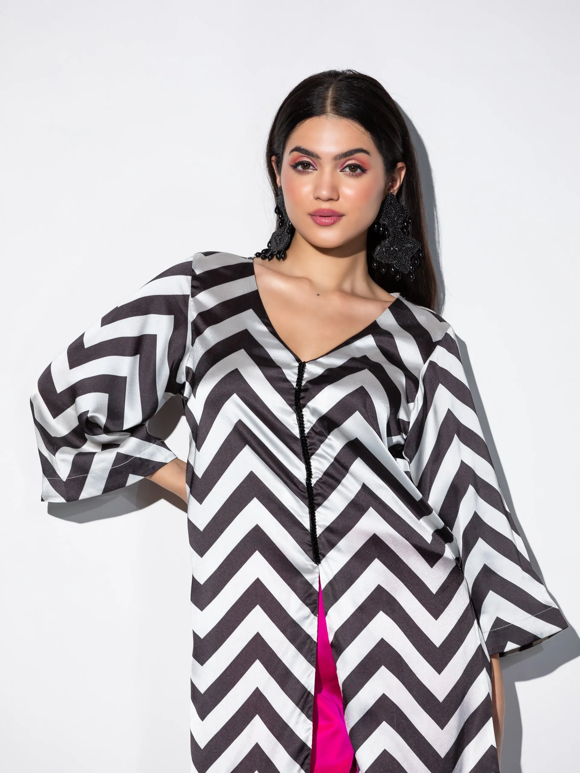 2Piece Set | Life's more than Black & White Chevron Satin Top with Beaded Lace and Pants