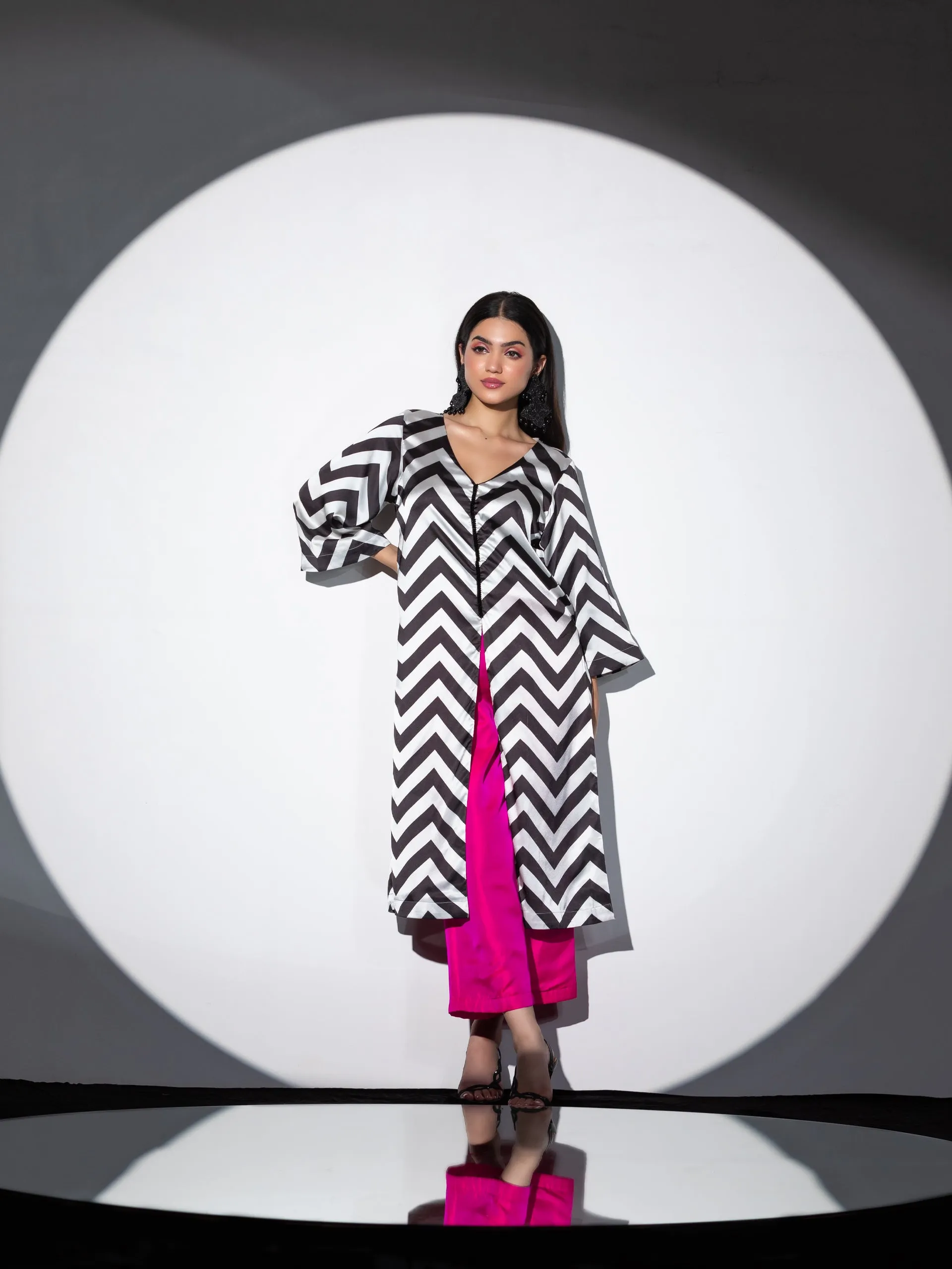 2Piece Set | Life's more than Black & White Chevron Satin Top with Beaded Lace and Pants