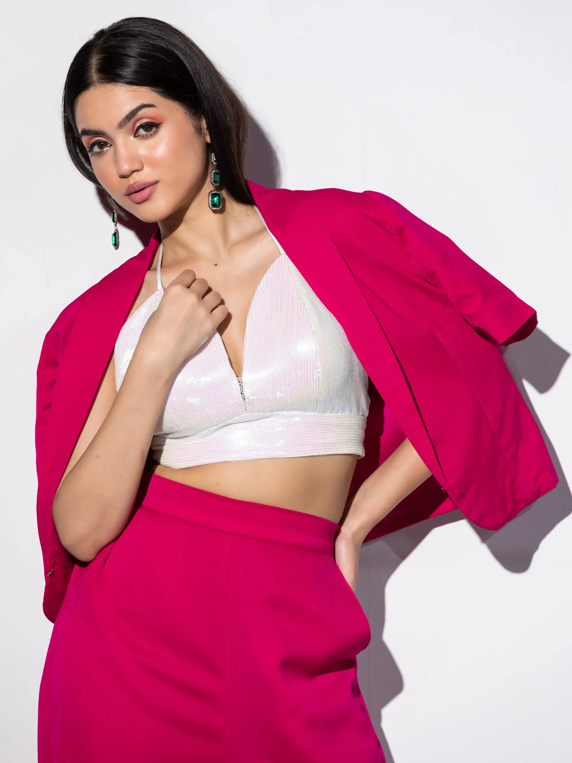3pcs. SET| Pink Bell Pant with Sequin Blouse and Jacket