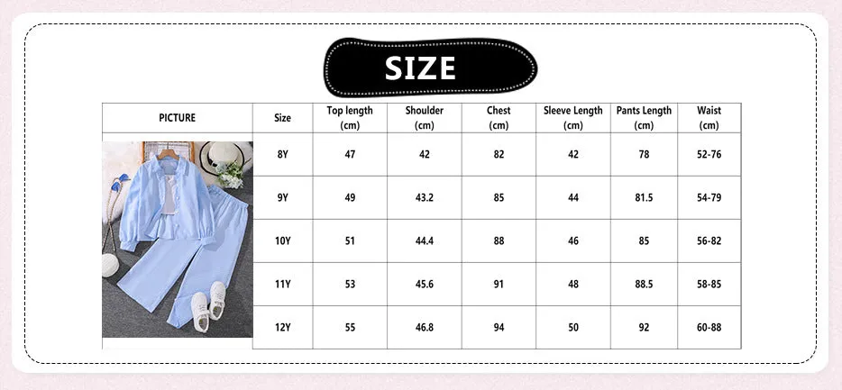 7-12 girls spring striped long-sleeved shirt tops two-piece suit