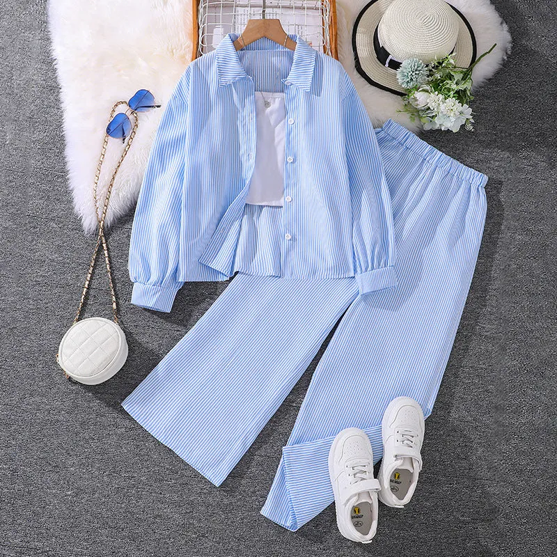 7-12 girls spring striped long-sleeved shirt tops two-piece suit