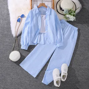 7-12 girls spring striped long-sleeved shirt tops two-piece suit