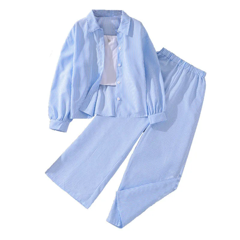 7-12 girls spring striped long-sleeved shirt tops two-piece suit
