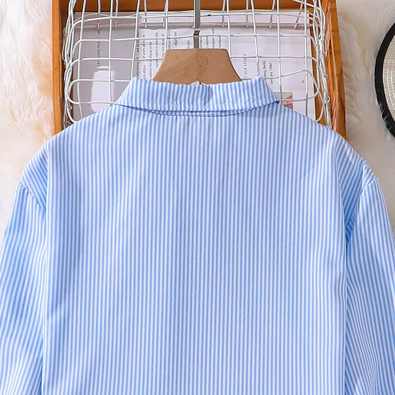 7-12 girls spring striped long-sleeved shirt tops two-piece suit