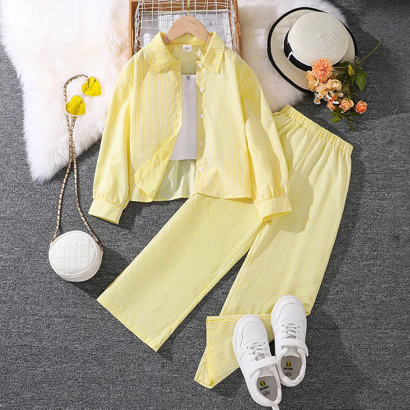 7-12 girls spring striped long-sleeved shirt tops two-piece suit