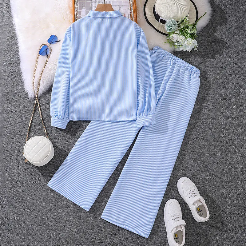 7-12 girls spring striped long-sleeved shirt tops two-piece suit