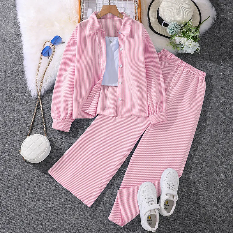 7-12 girls spring striped long-sleeved shirt tops two-piece suit