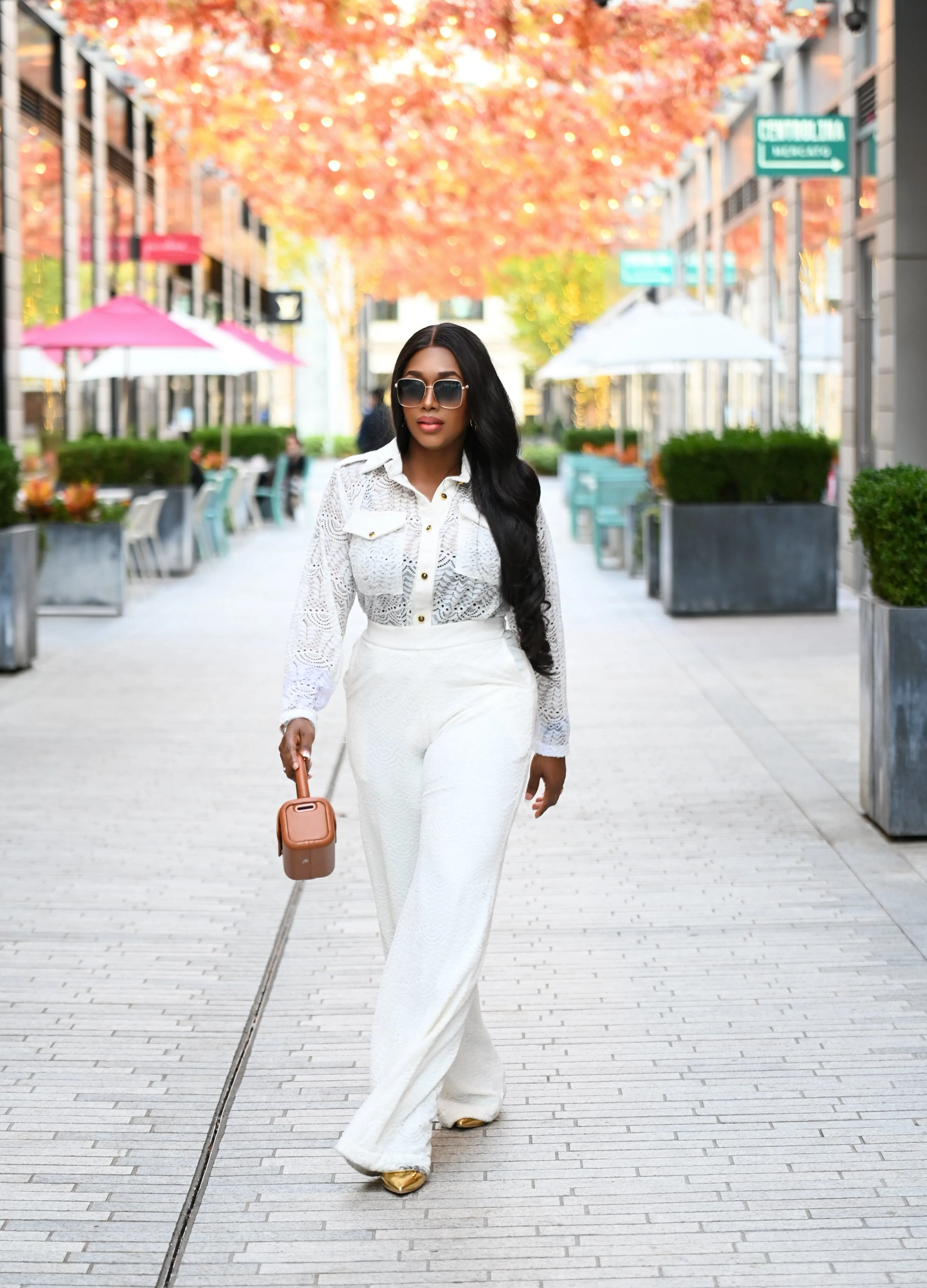 Adun fitted shirt and wide leg pant women's lace set (white) with pockets