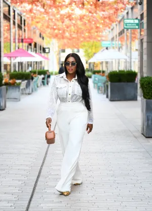 Adun fitted shirt and wide leg pant women's lace set (white) with pockets