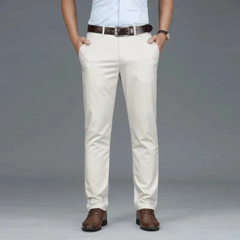 Autumn Casual Men's Lyocell High Stretch Business Suit Pants Classic Male Beige Elastic Waist British Style Trousers Plus Size