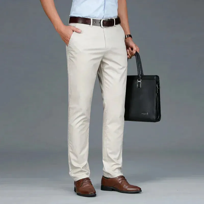 Autumn Casual Men's Lyocell High Stretch Business Suit Pants Classic Male Beige Elastic Waist British Style Trousers Plus Size