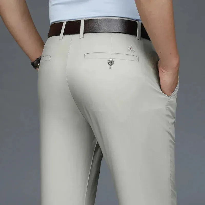 Autumn Casual Men's Lyocell High Stretch Business Suit Pants Classic Male Beige Elastic Waist British Style Trousers Plus Size
