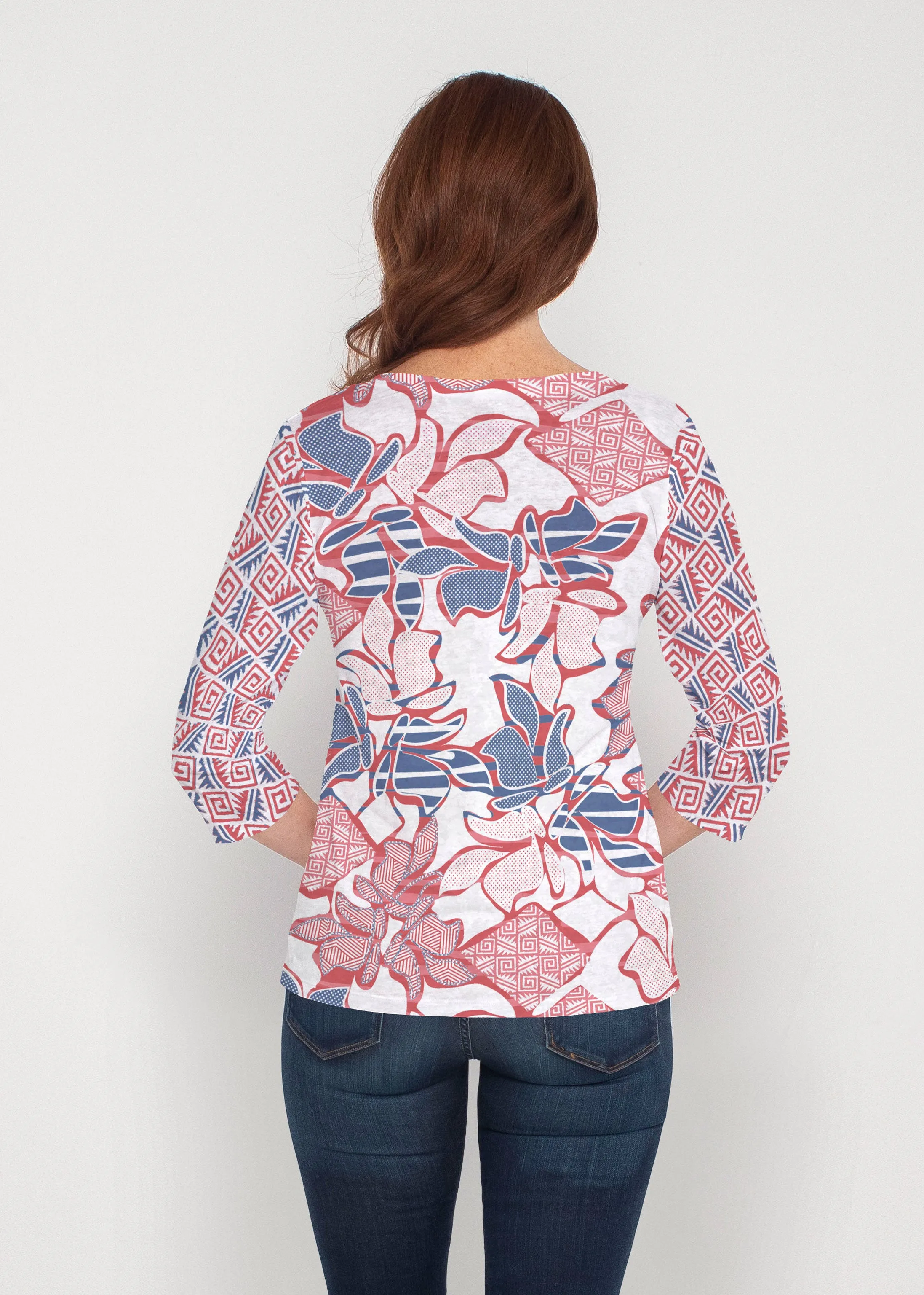 Aztek Sail Red-Blue (8130) ~ Signature 3/4 Sleeve V-Neck Top