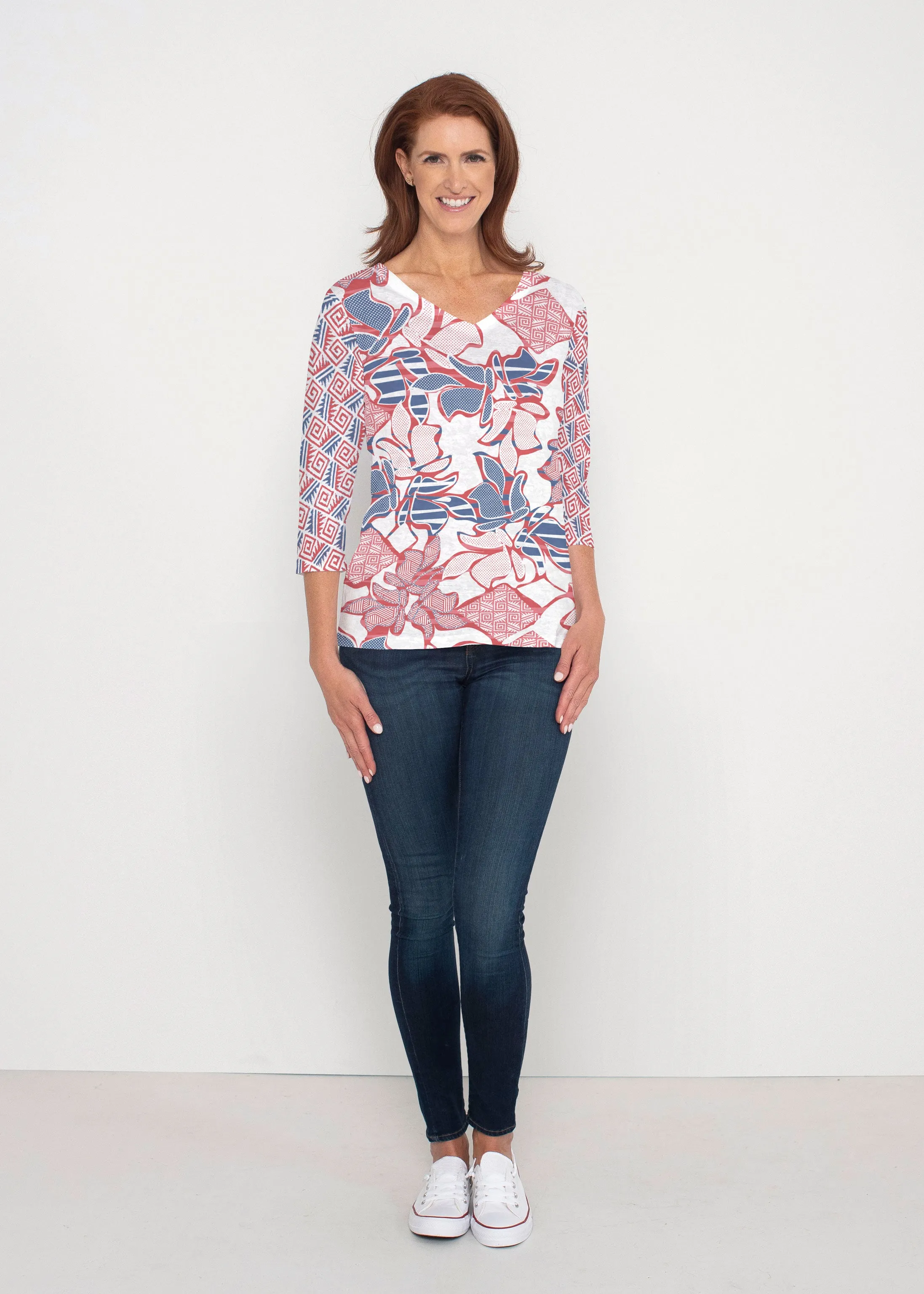 Aztek Sail Red-Blue (8130) ~ Signature 3/4 Sleeve V-Neck Top