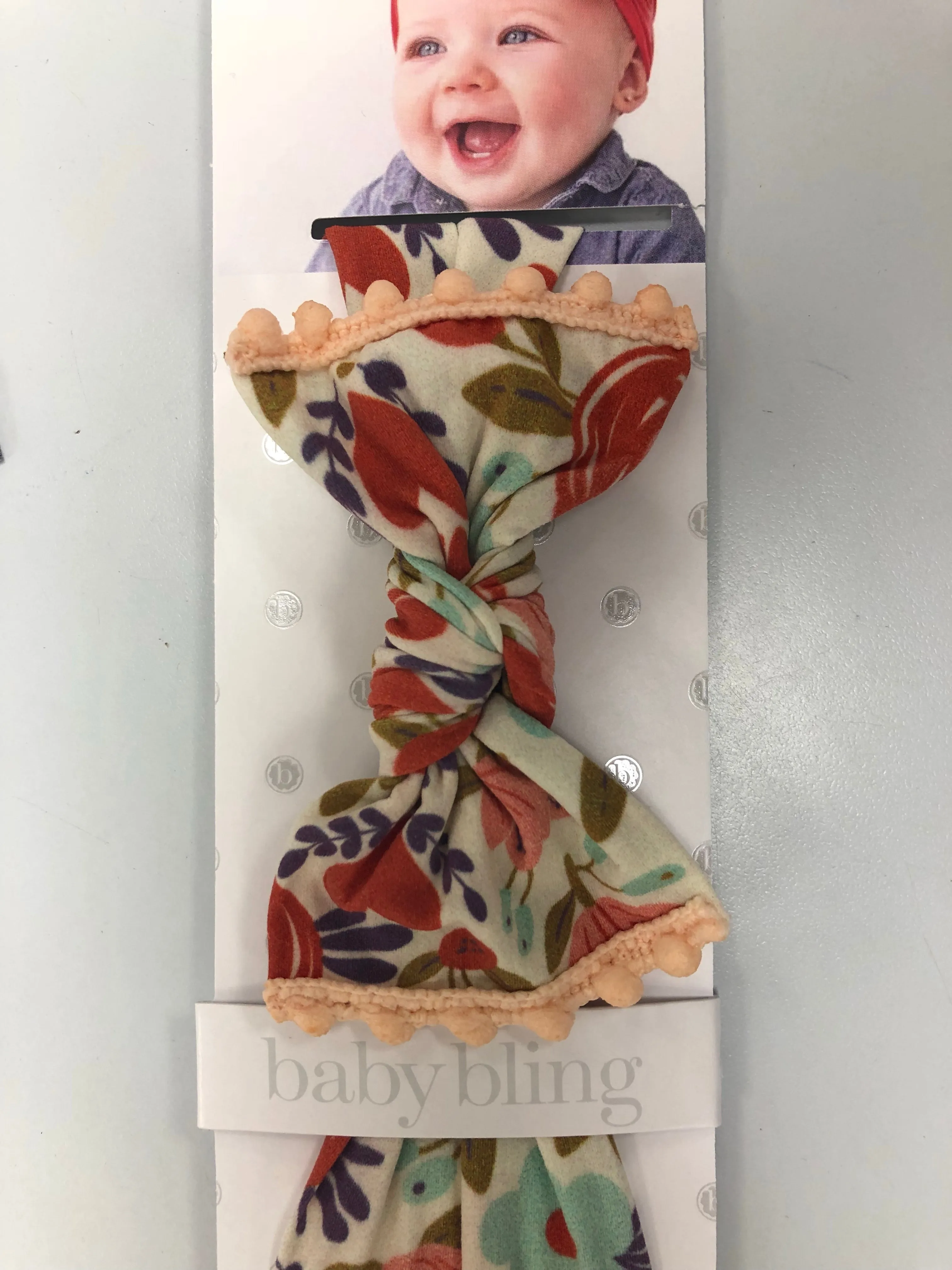 Baby Bling Peach Floral w/Peach Pom Trimmed Printed Knot Headband
