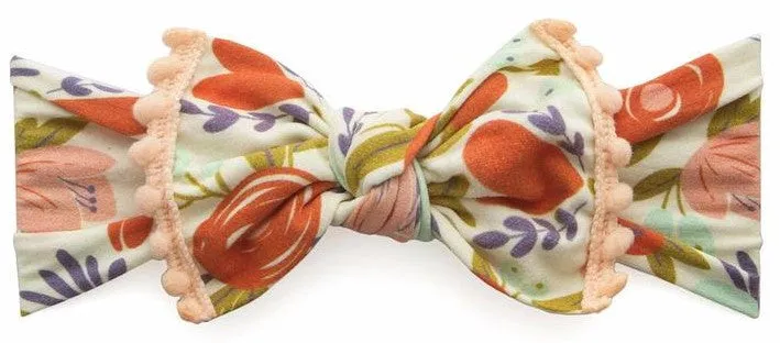 Baby Bling Peach Floral w/Peach Pom Trimmed Printed Knot Headband