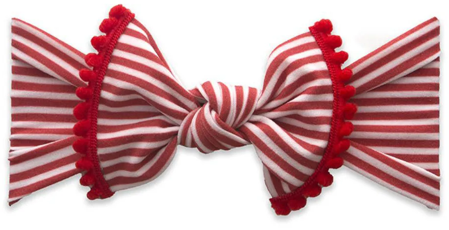 Baby Bling Red Stripe w/Red Pom Trimmed Knot Headband