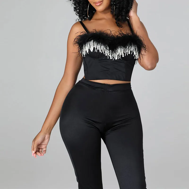 Beaded Feather Design Crop Top & Pants Set