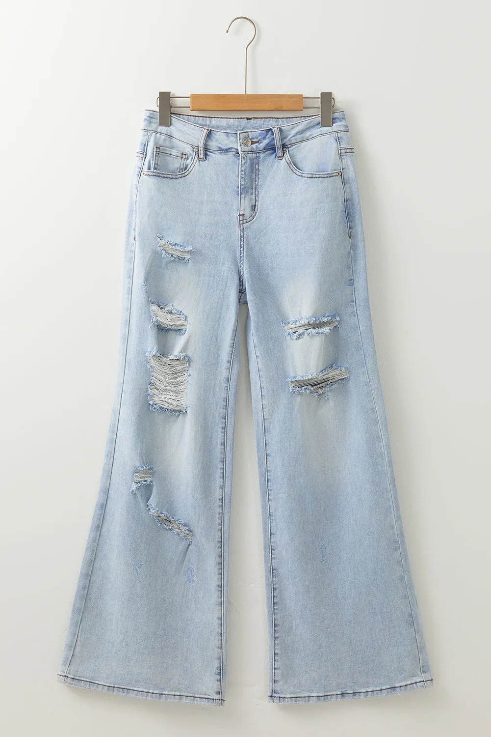 Beau Blue Light Wash Distressed High Waist Wide Leg Jeans