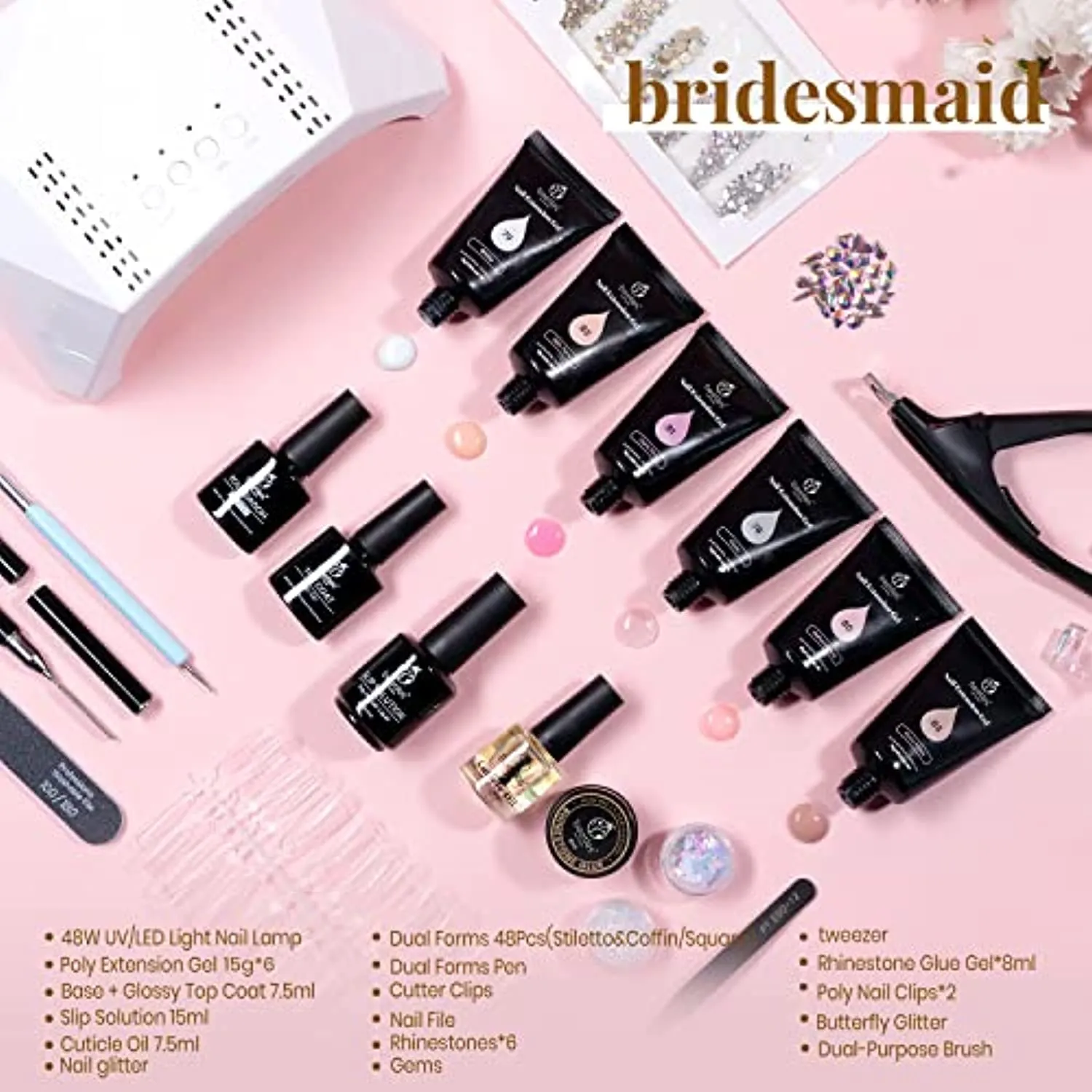 Beetles Poly Nail Gel Kit with U V Lamp 6 Pcs Poly Colors Gel with Slip Solution Nail Forms Brush Clips Cutter Builder Gel Nail Kit with Everything Professional Clear Nude Polijel Nail Starter Kit