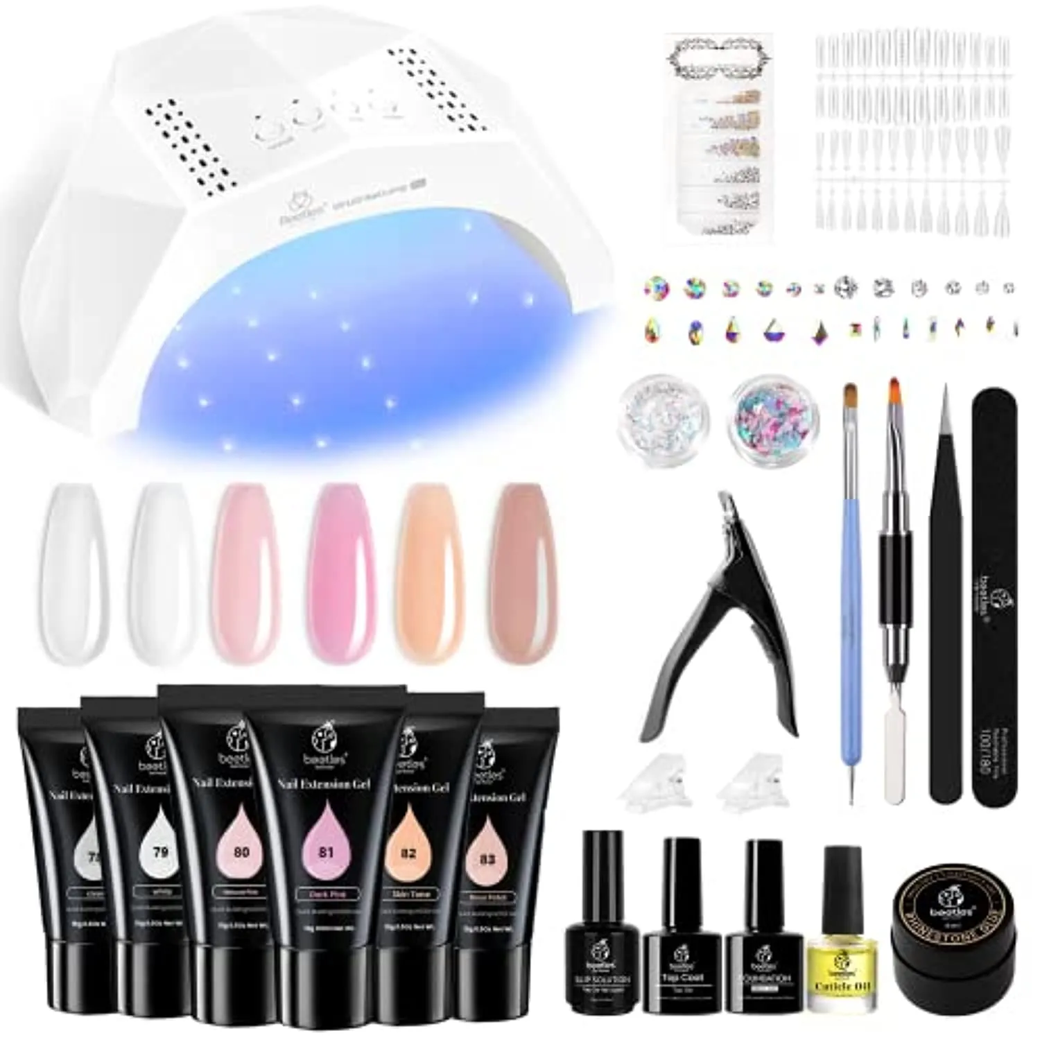 Beetles Poly Nail Gel Kit with U V Lamp 6 Pcs Poly Colors Gel with Slip Solution Nail Forms Brush Clips Cutter Builder Gel Nail Kit with Everything Professional Clear Nude Polijel Nail Starter Kit