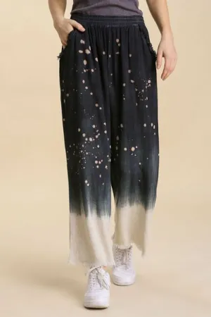 Black Raw Hem Bleach Dip Dye Wide Leg Pants