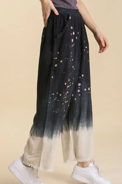 Black Raw Hem Bleach Dip Dye Wide Leg Pants