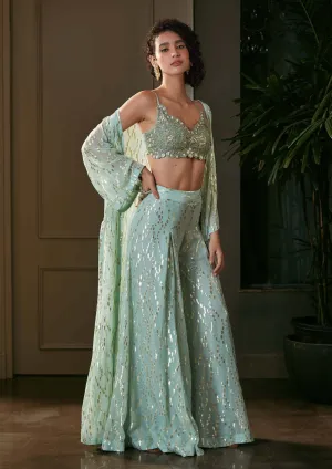 Blue lurex pants and cape set