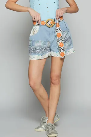 Blue Multi Elastic waistband patchworks POL shorts