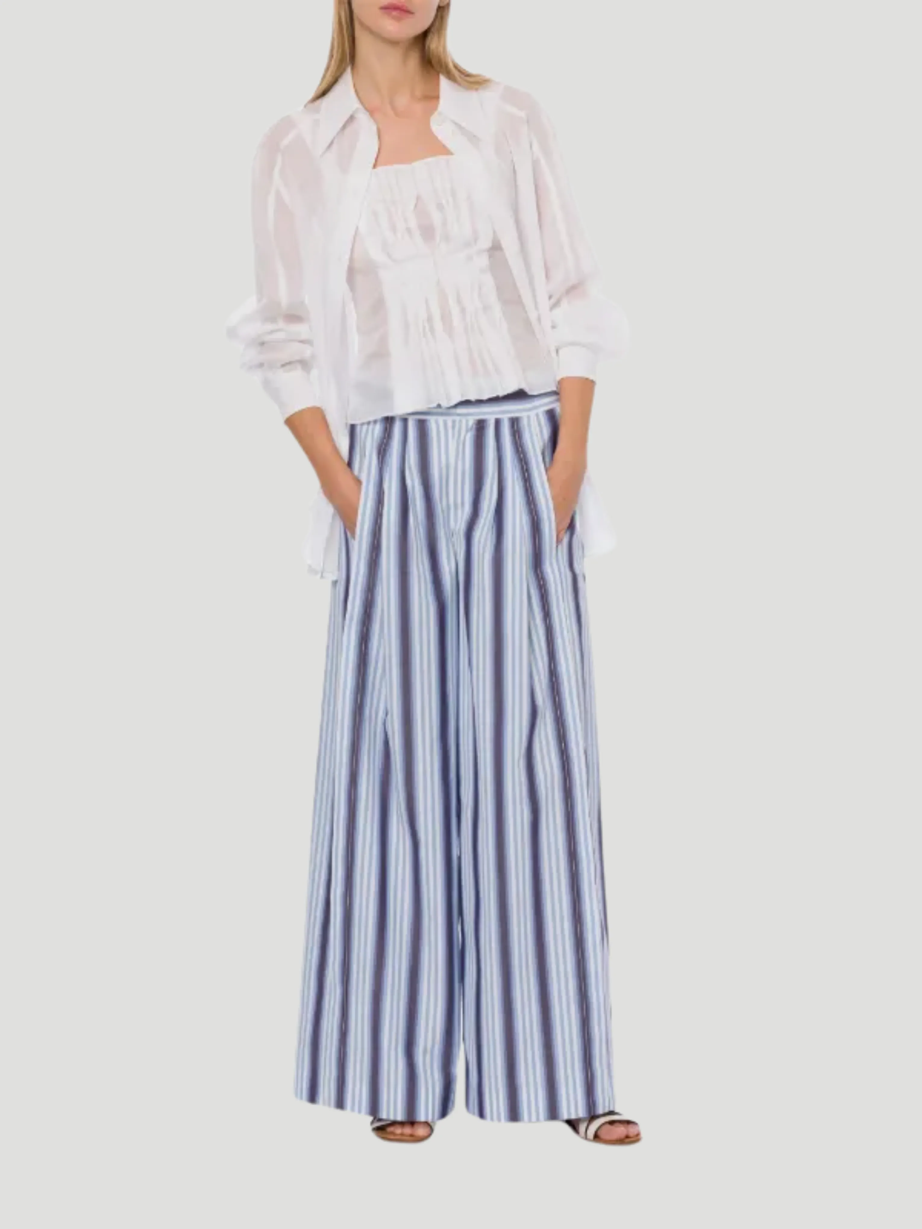 Blue Stripe Poplin Wide Leg Pant
