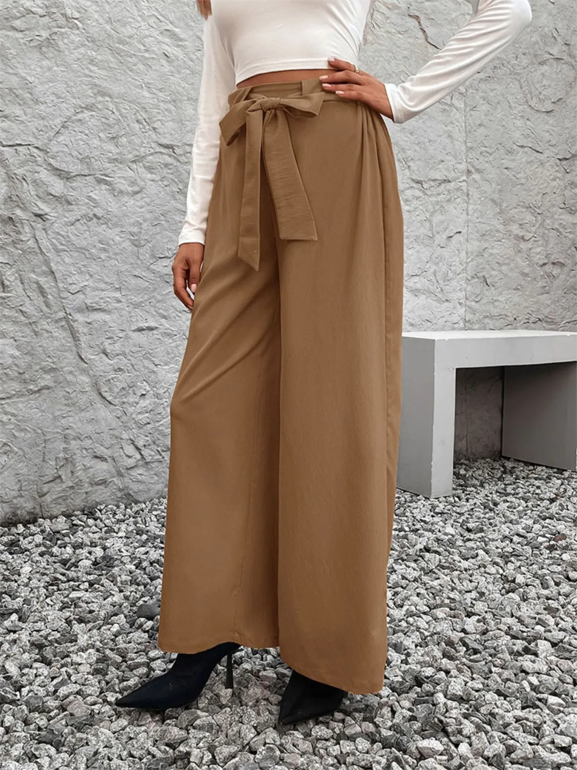 Casual Tied High Waist Wide Leg Pants