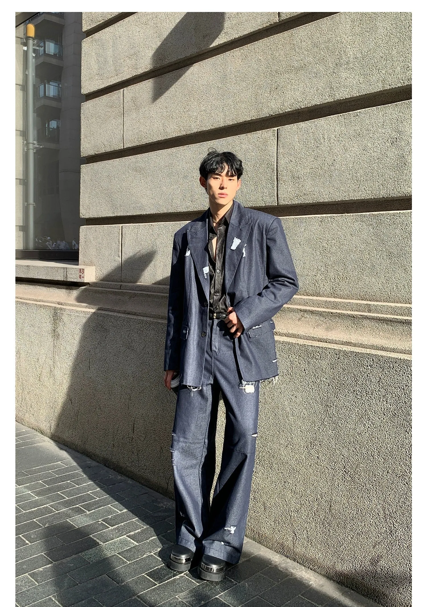 Chambray Blazer & Wide-Leg Pants Denim Suit