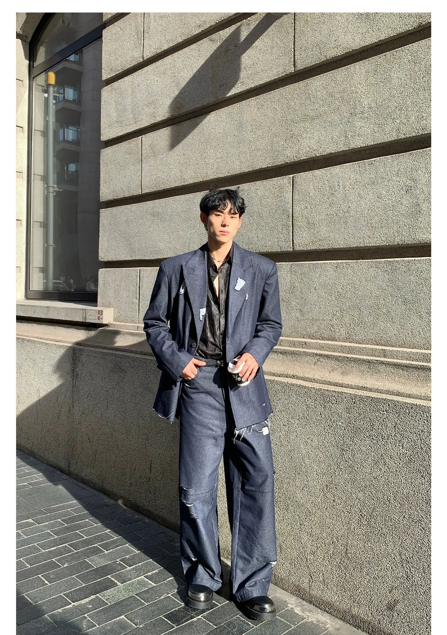 Chambray Blazer & Wide-Leg Pants Denim Suit