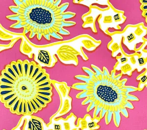China Seas Fabric: Flora II - Custom Pink / Yellow / Green / Blue on White Cotton Sateen