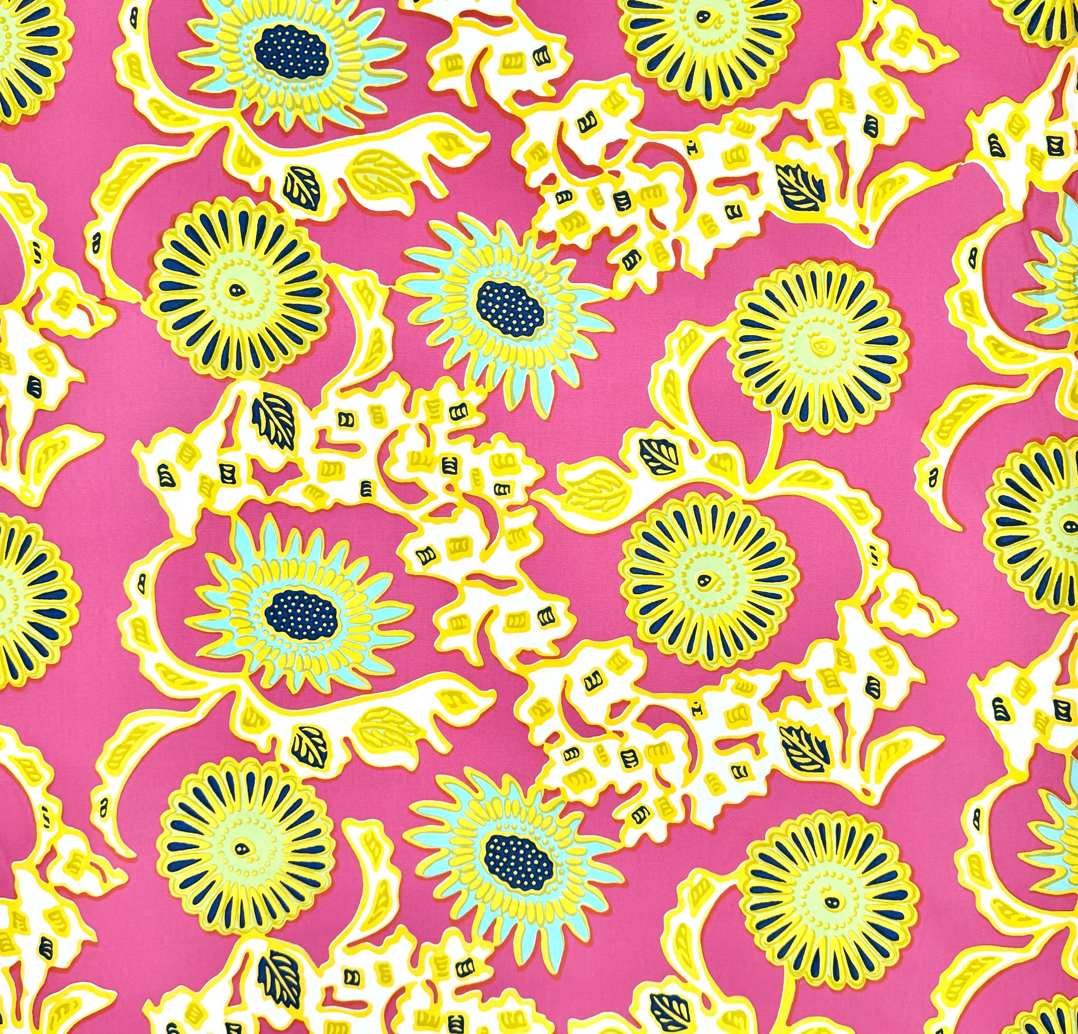 China Seas Fabric: Flora II - Custom Pink / Yellow / Green / Blue on White Cotton Sateen