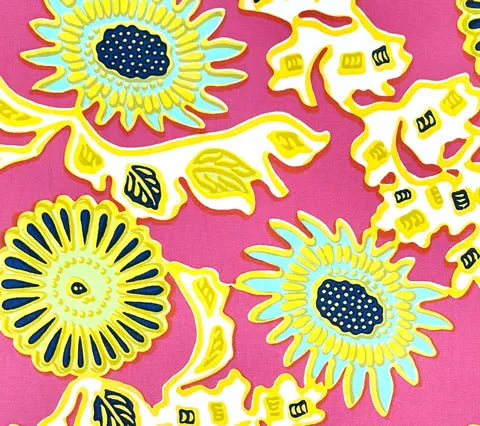 China Seas Fabric: Flora II - Custom Pink / Yellow / Green / Blue on White Cotton Sateen