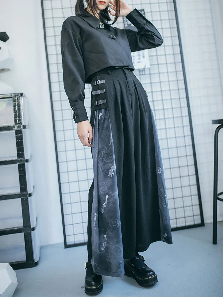 Chinese Style Stitched Wide Leg Pants Retro High Waist Hanging Feeling Loose Pants S20198