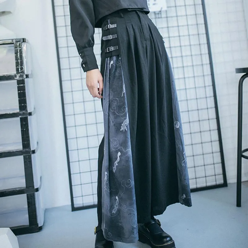 Chinese Style Stitched Wide Leg Pants Retro High Waist Hanging Feeling Loose Pants S20198