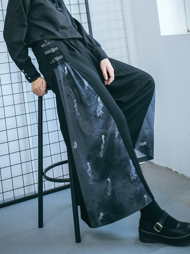 Chinese Style Stitched Wide Leg Pants Retro High Waist Hanging Feeling Loose Pants S20198