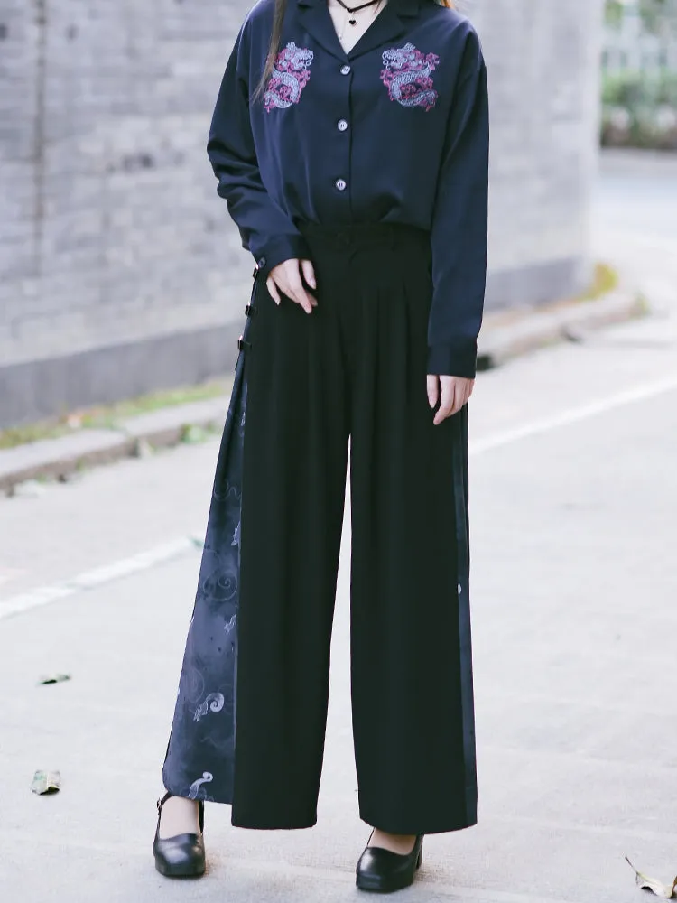 Chinese Style Stitched Wide Leg Pants Retro High Waist Hanging Feeling Loose Pants S20198
