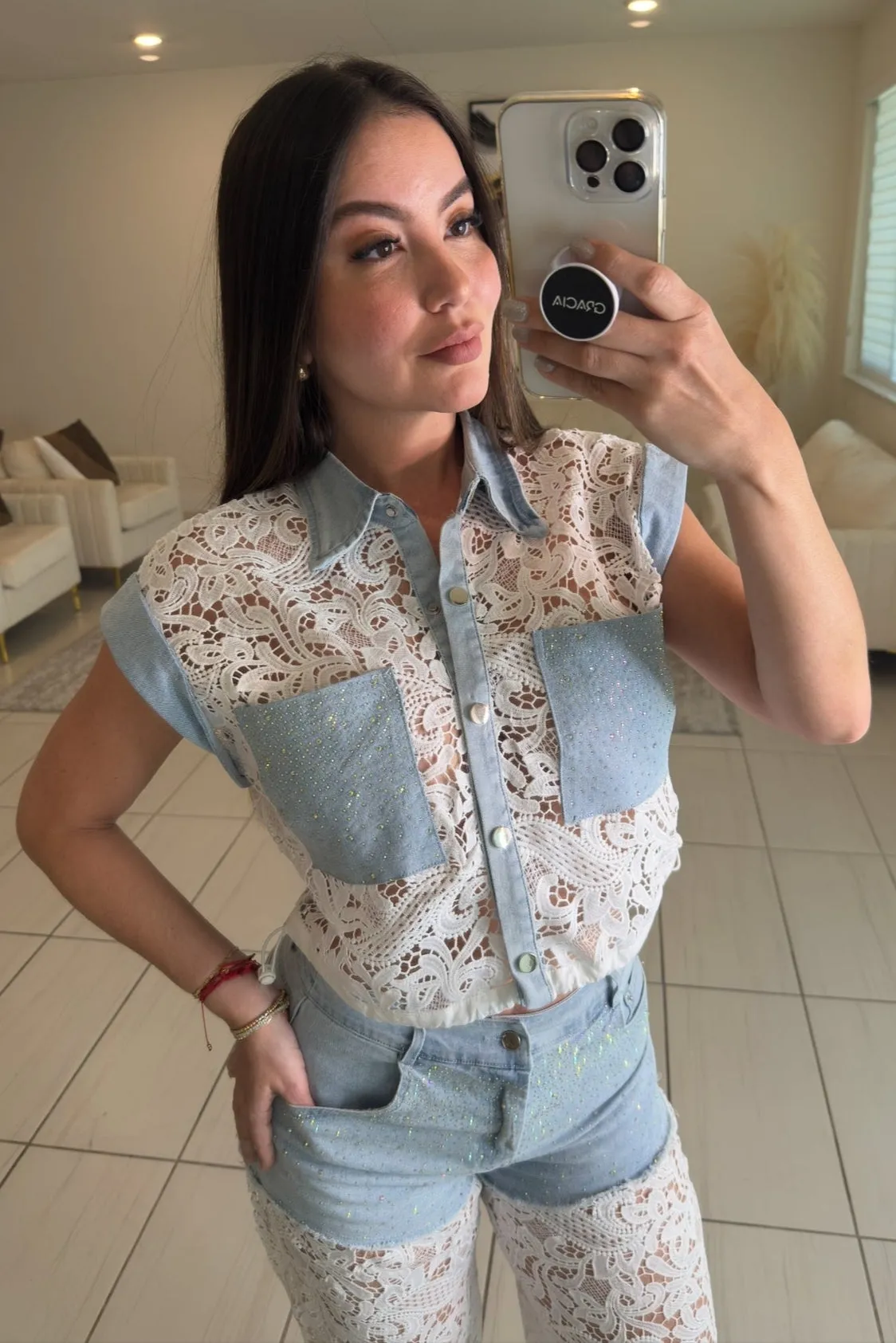Contrast Embroidery with Shiny Denim Pants Set