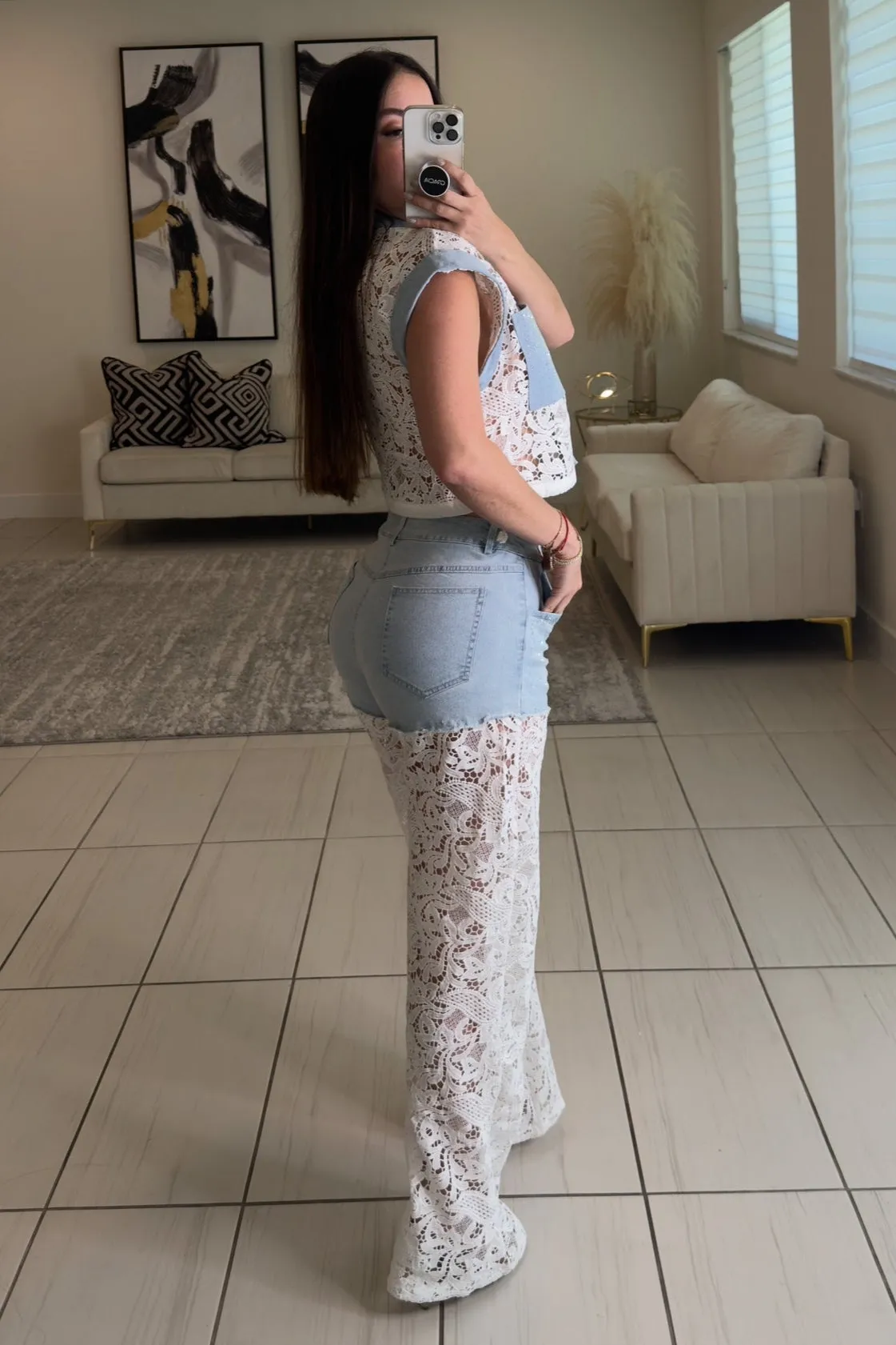 Contrast Embroidery with Shiny Denim Pants Set